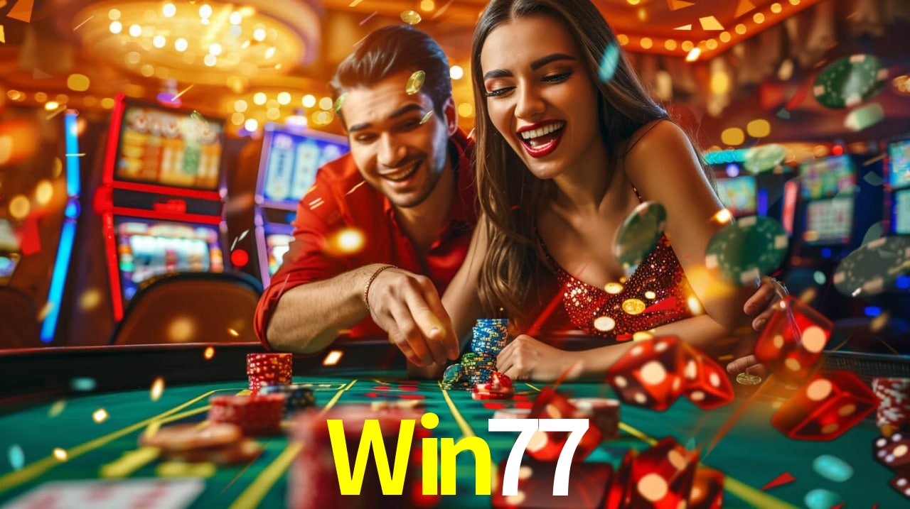 Imagem promocional da Win77 mostrando a plataforma e suas vantagens
